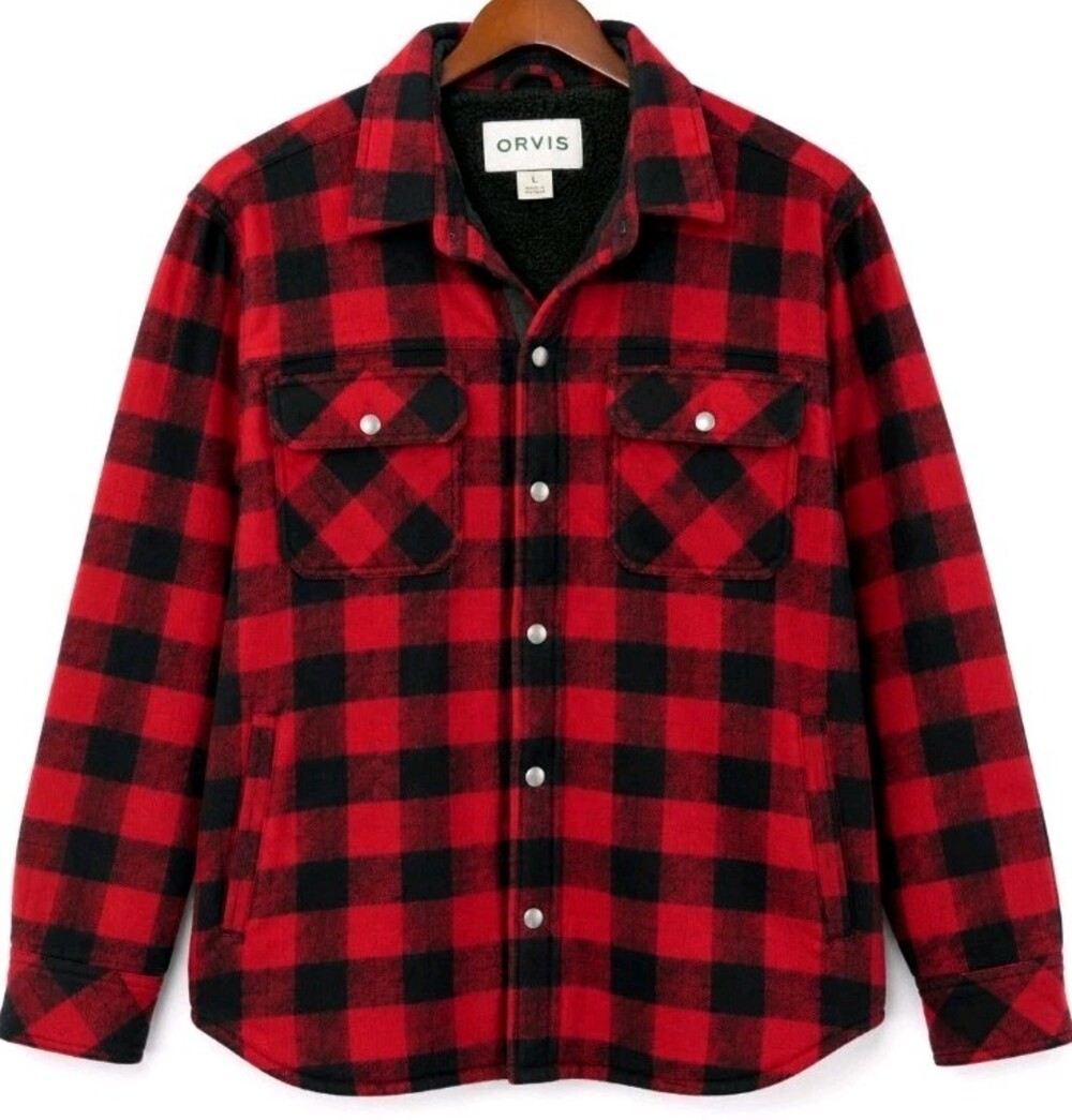 Orvis Men's Large Buffalo Plaid Fleece Lined Shirt Jacket Shacket Red Black